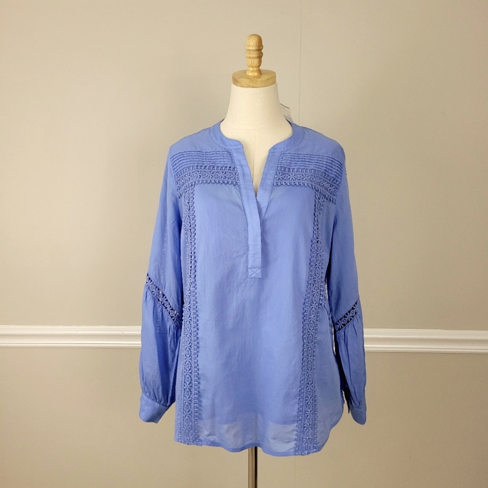 Soft Surroundings TRIANON Pleated Lace Dusty Blue Long Sleeves Shirt Camisole